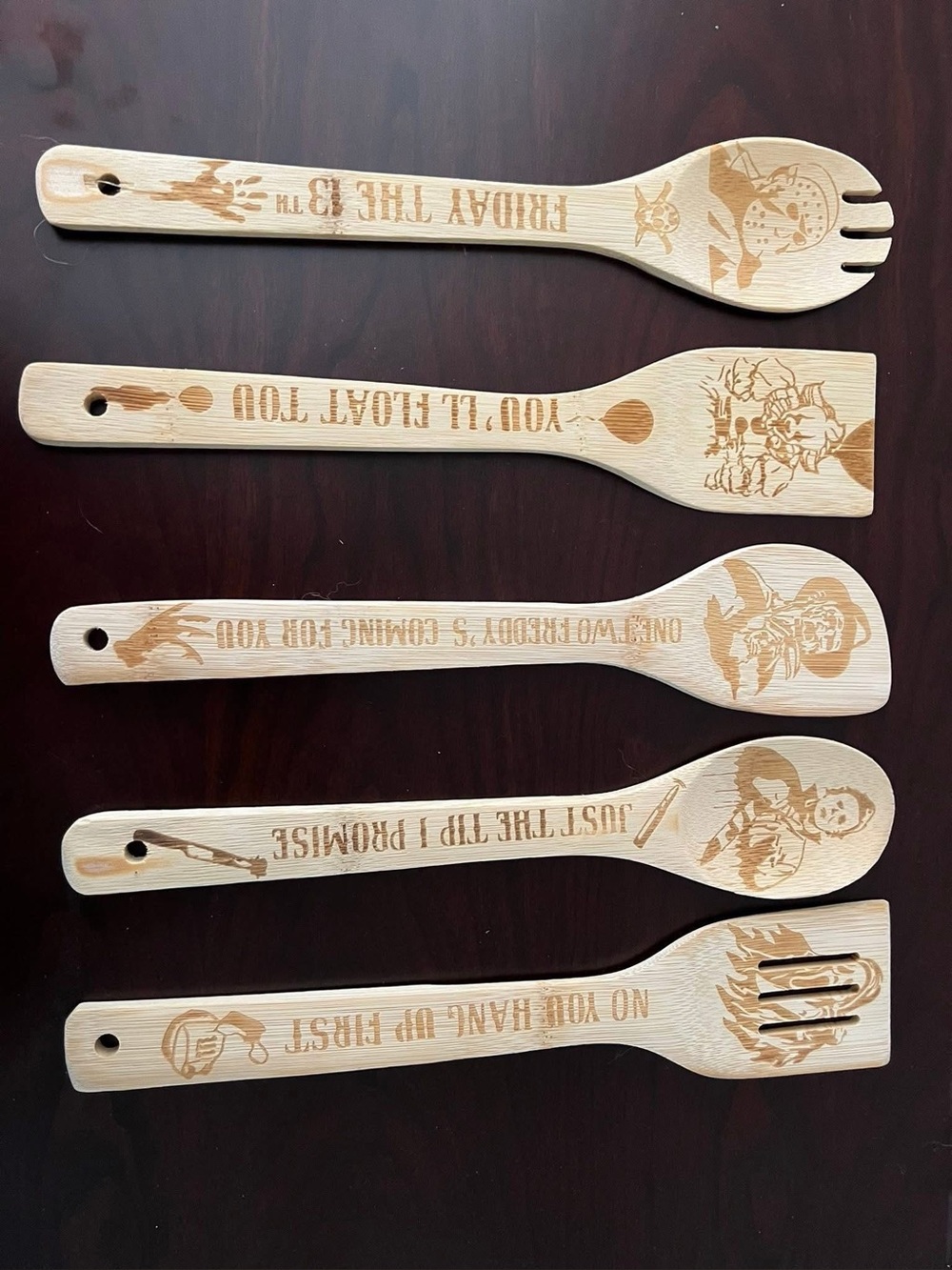 Engraved Bamboo Kitchen Utensil Set - Natural Wood with Halloween characters